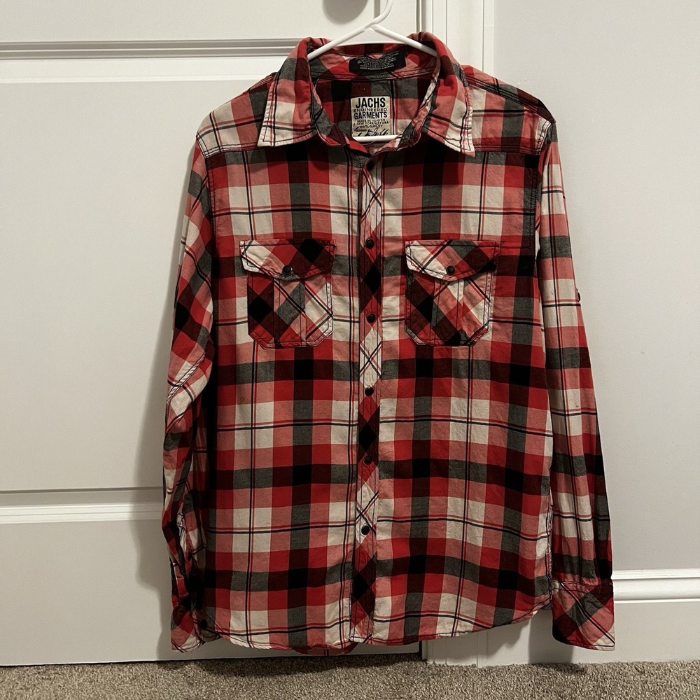 Jachs Plaid Flannel Men's Size Large Red Black White plaid Snap Buttons